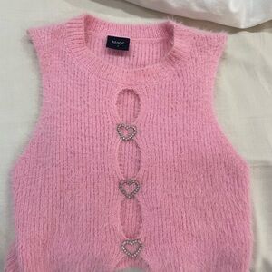 Pink Fuzzy Knit Top with Heart Accents